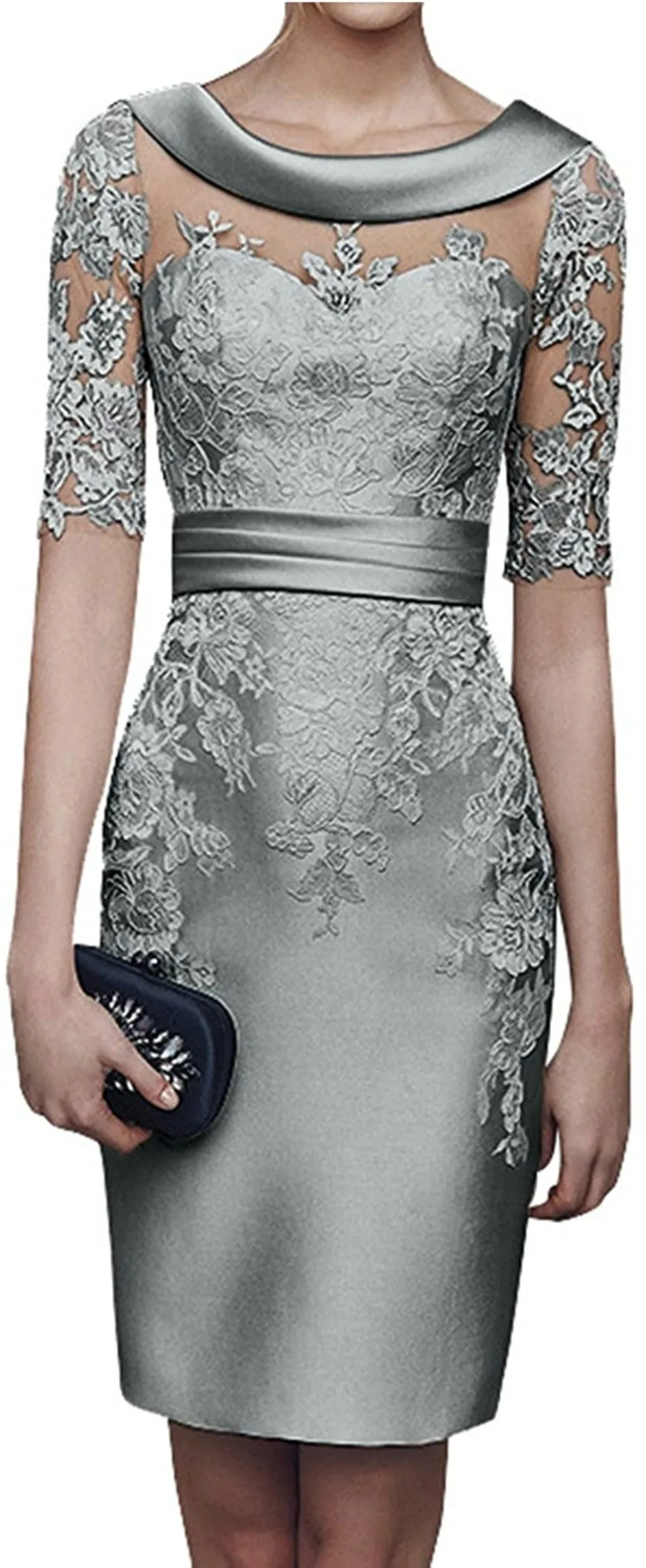 Женское атласное вечернее платье цвета шампанского с короткими рукавами на