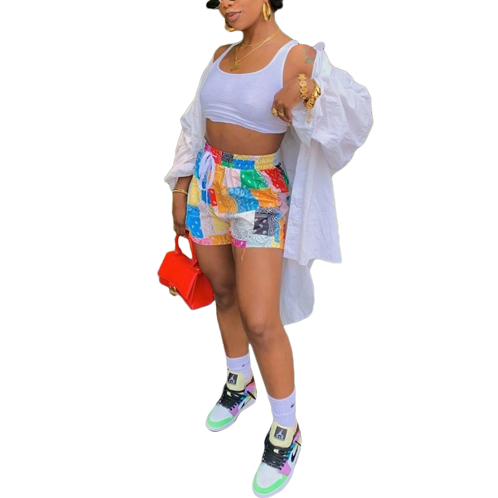 

2021 NEW Bandana Women Fashion Print Shorts Summer Beach Loose Drawstring Waist Shorts Casual Midi Waist Patchwork Short Pants