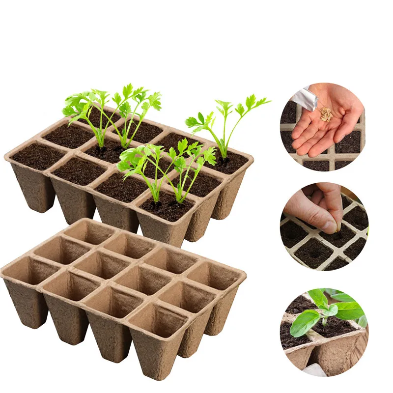 

12 Holes Environmental Protection Garden Peat Pots Plant Seedling Starters Cups Nursery Herb Seed Tray Planting Tools