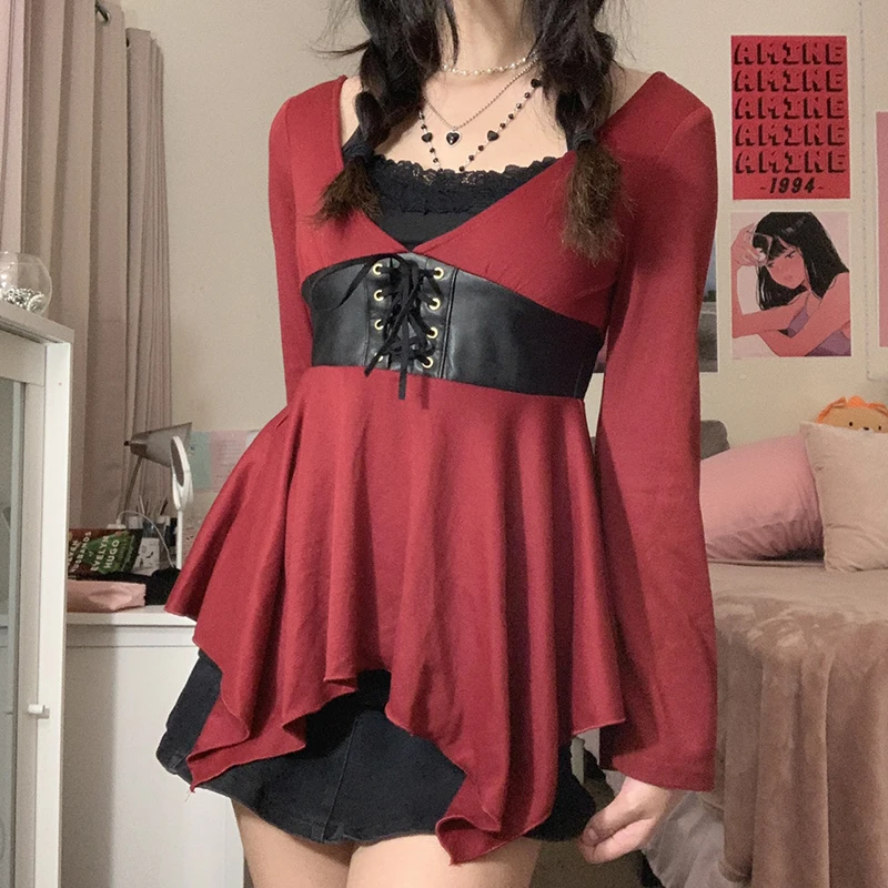 

y2k Preppy Style Kawaii Ruffles Crop Top Red Leather Patched Lace Up T-shirt Women Korean Harajuku Grunge Sweet Streetwear