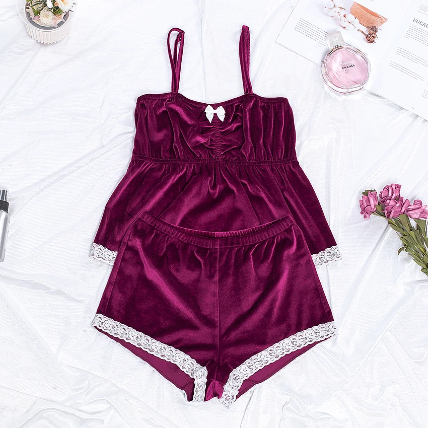 Suphis бордовые кружевные шорты пижамный комплект тонкая высокая талия женская