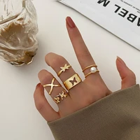 5pcsset party fashion alloy gold pearl rings set butterfly punk finger rings