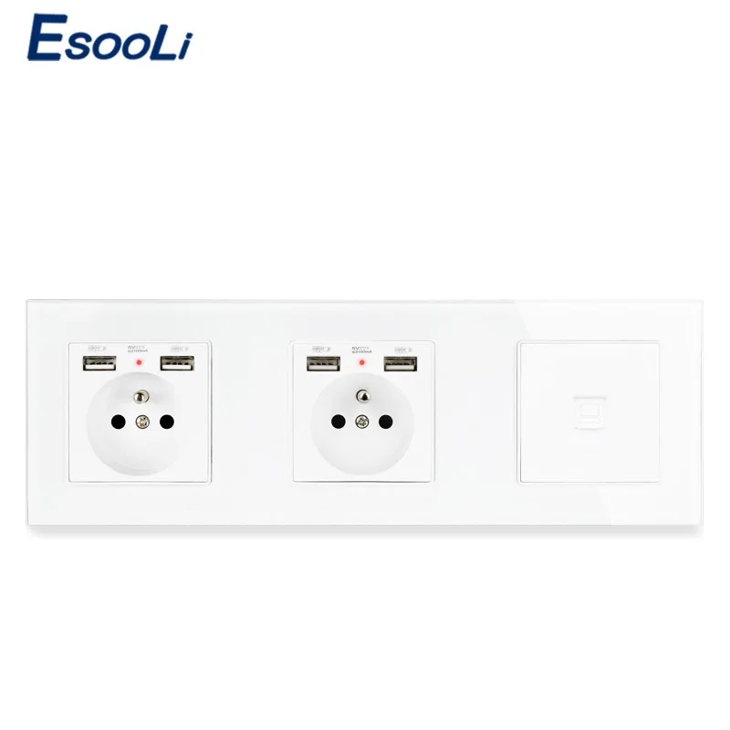 Стеклянная панель ESOOLI розетка с двойным французским стандартом 4 порта USB для