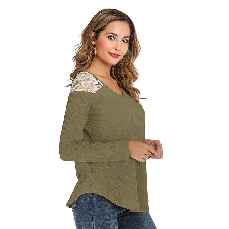 

Women Shirts Spring Autumn Casual Lace Patchwork Long Sleeve Basic Classic Crochet Ladies Tops Femme