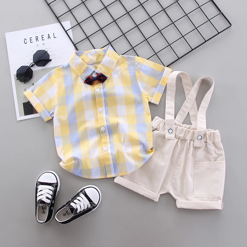 Летний комплект одежды для новорожденных мальчиков рубашка в клетку + джемпер