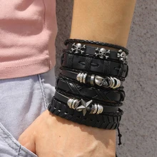 Fashion 6Pcs Set Gothic Punk Skull Star Metal Multilayer Leather Bracelet Men Bracelets & Bangles Male Arm Jewelry 2020 Accessor