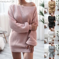 off shoulder knitted sweater dresses for women 2021 autumn winter lantern long sleeve dress ladies casual dress white black