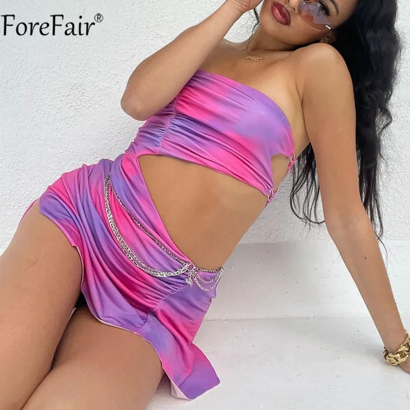 Forefair летние тай дай женские Y2k платье с низким вырезом на спине открытыми плечами