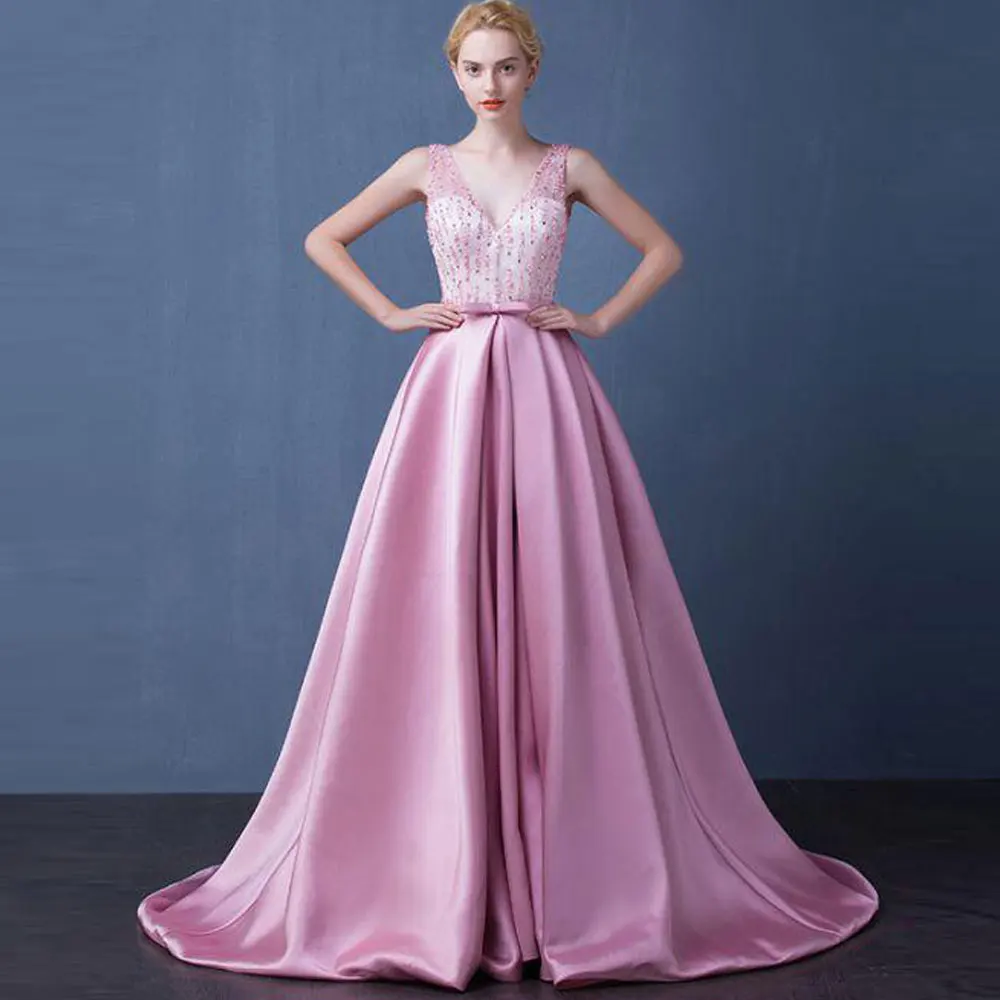 

Pink A-line V-Neck Sweep/Brush Floor length Beading Bowknot\Bow Sleeveless Open back Evening Dresses high quality Fashion