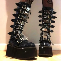 brand halloween gift large size 34 48 black gothic style cool punk calf motorcycle boots comfy flat platform heels woman shoes