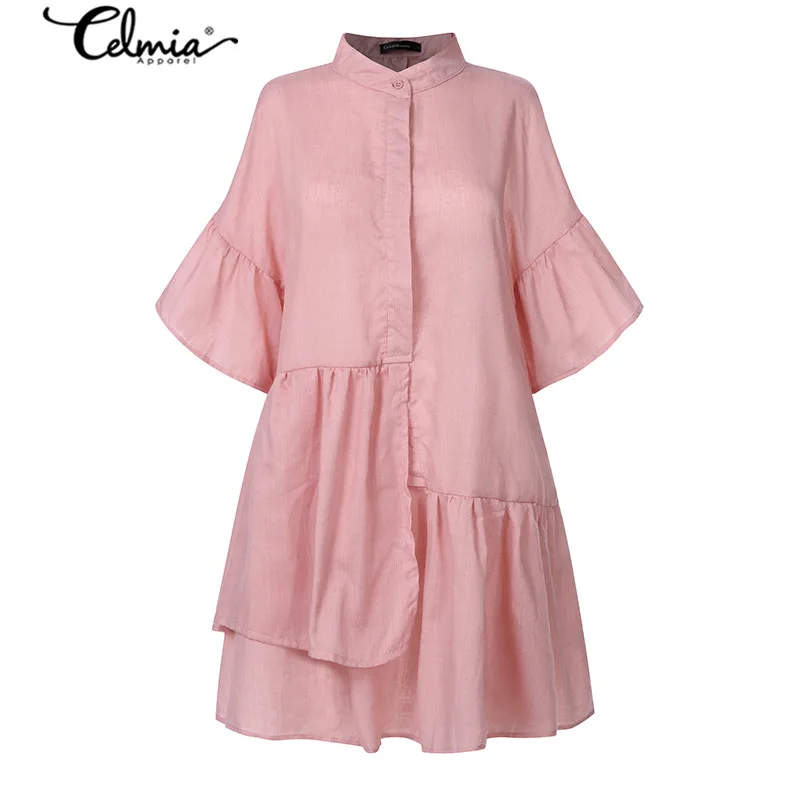 Women Ruffle Casual Mini Dress Plus Size Sexy V-neck Half Sleeve Loose Shirt Celmia 2021 Summer Button Beach Vestidos Robe | Женская