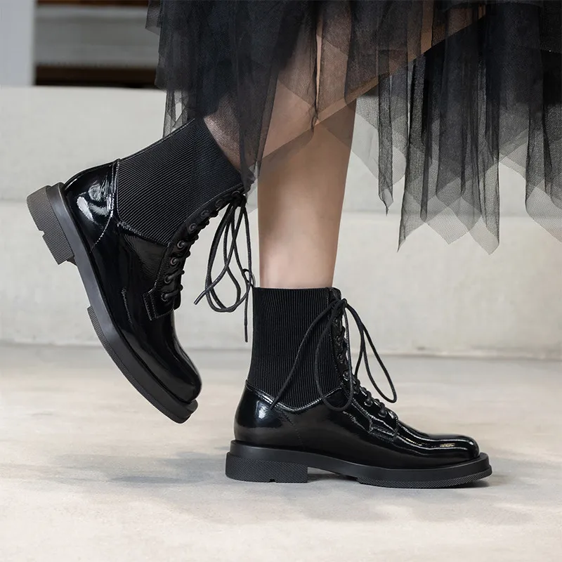 

FEDONAS 2021 Winter Chunky Motorcycle Boots For Women Cross Tied Genuine Leather Shoes Woman Female Party Basic Ankle Boots