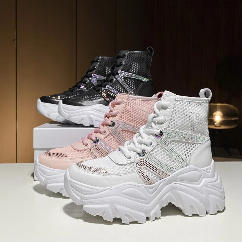 

Martens Boots Women's Breathable Thin 2021 Summer New Mesh Authentic Leather Rhinestones Mesh Platform Hollow-out Sandal Boots