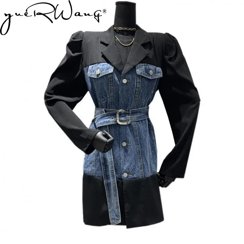 

Yuerwang Women Blazer Asymmetry Patchwork Bandage Black Coats And Jackets Irregular Color Matching Casual Long Siut Coats 2021