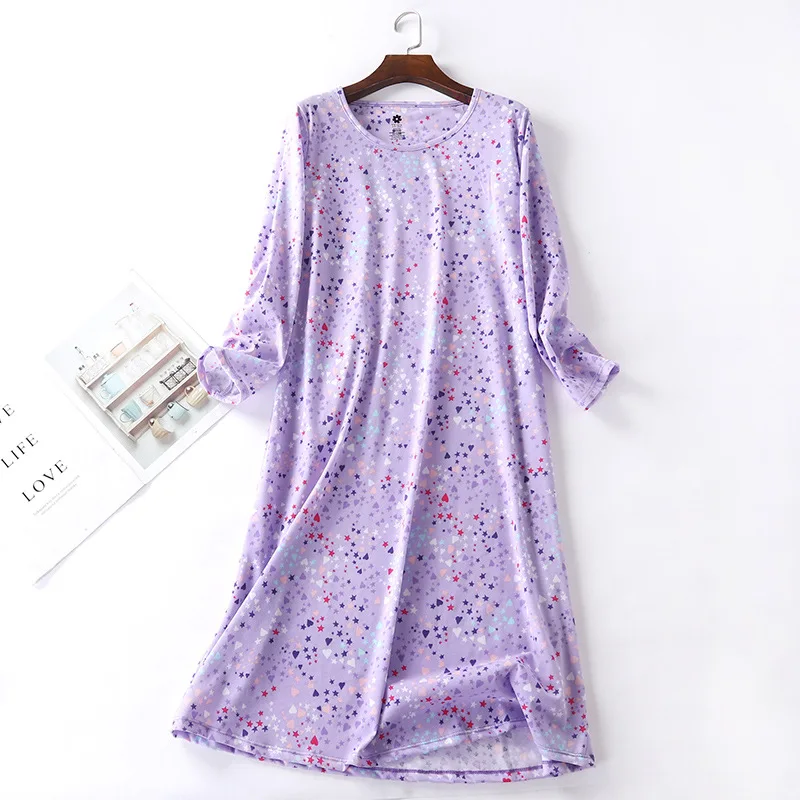 

New Extra Fat Nightgowns European Code Nightwear Long-sleeved Knitted Cotton Night Dress Women Sleepwear Home Clothing Wholesale