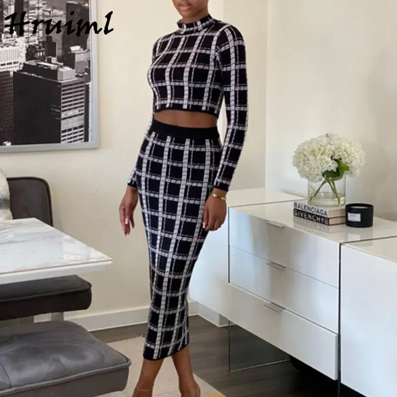 

Wholesale Clothing 2 Piece Set Women Short Tops Long Sleeve Woman Skirts Casual Women Set Clothing Plaid Print Fashion Set Women