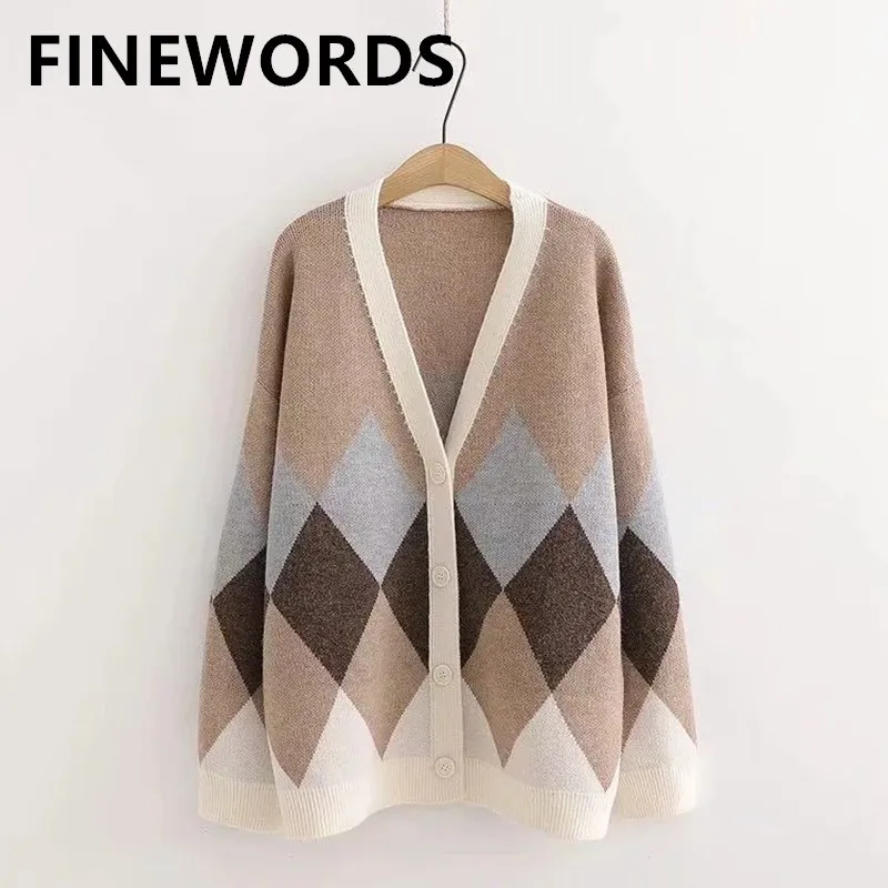 

FINEWORDS Winter V-neck Argyle Oversized Cardigan Vintage Loose Casual Korean Cardigan Single Breasted Knitted Sweater Outerwear
