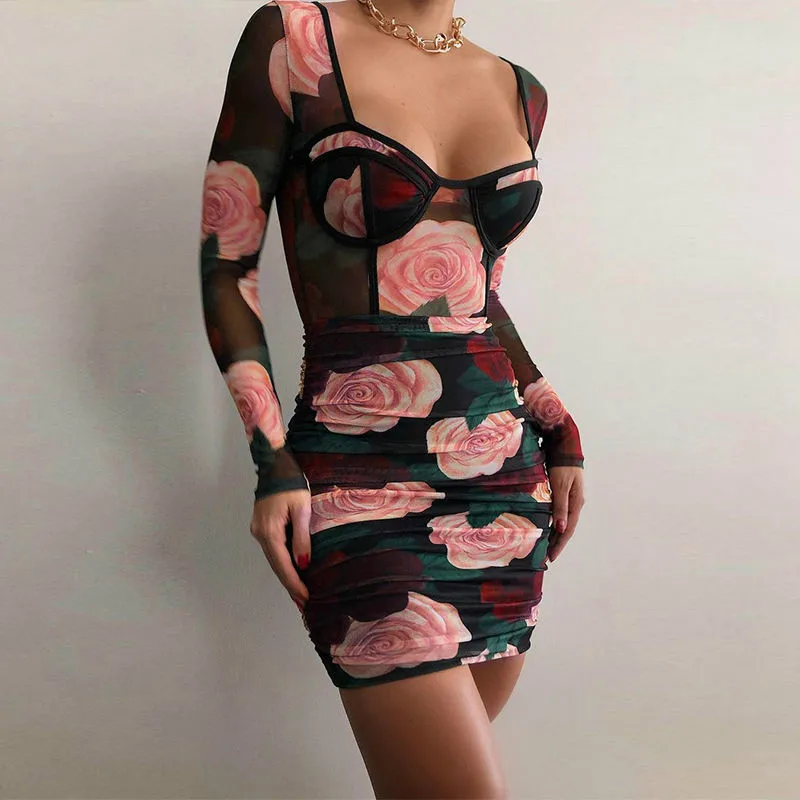

2020 Print Sleeveless Ruffles Ruched Sexy Mini Dress Spring Summer Women Fashion Streetwear Outfits Club Wear