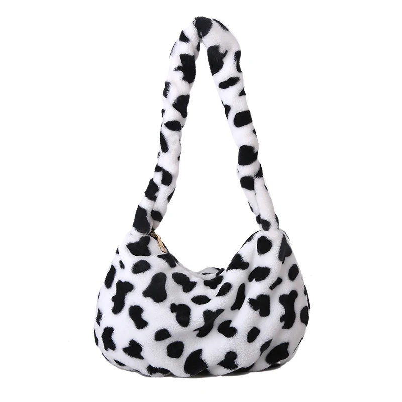 

Cute Milk Cow Pattern Women Plush Shoulder Bags Ladies Fashion Armpit Pouch Casual Female Soft Warm Fluffy Handbag Tote