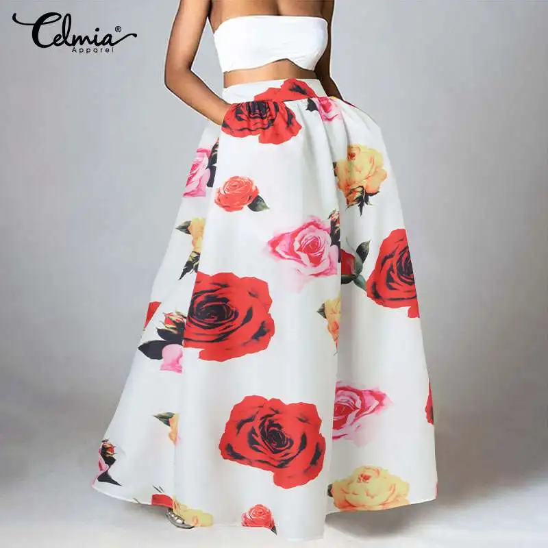 

2021 Summer Maxi Skirt Celmia Women Bohemian Flower Printed Fashion High Waist Long Skirt Plus Size Casual Loose Holiday Skirts