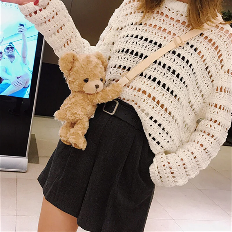 

New Girls Lovely Cartoon Plush Smile Bear Cute One Shoulder Diagonal Women Bag Plush Doll Bags Animal Handbag Gift