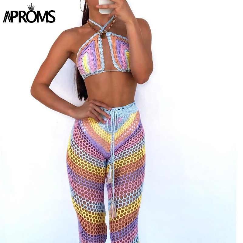 

Aproms Elegant Colorful Cotton Blend Crochet 2 Piece Set Women 2021 Summer Festival Stretch Top and Pants Beach Outfit Coverup