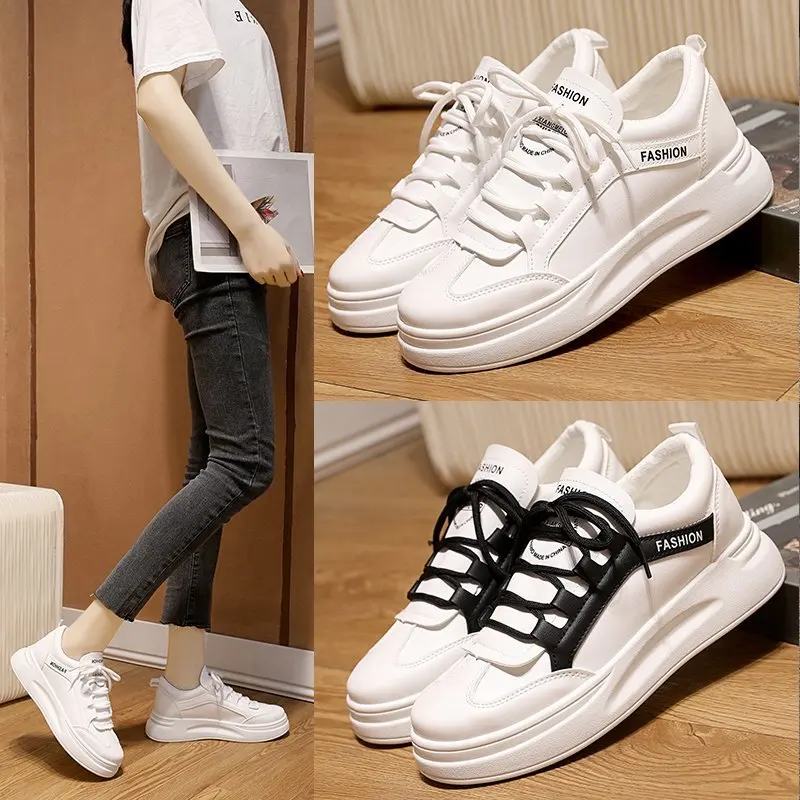 

Женские теннисные туфли, Вулканизированная подошва, белые кроссовки из натуральной кожи на платформе и плоской подошве для занятий спортом...