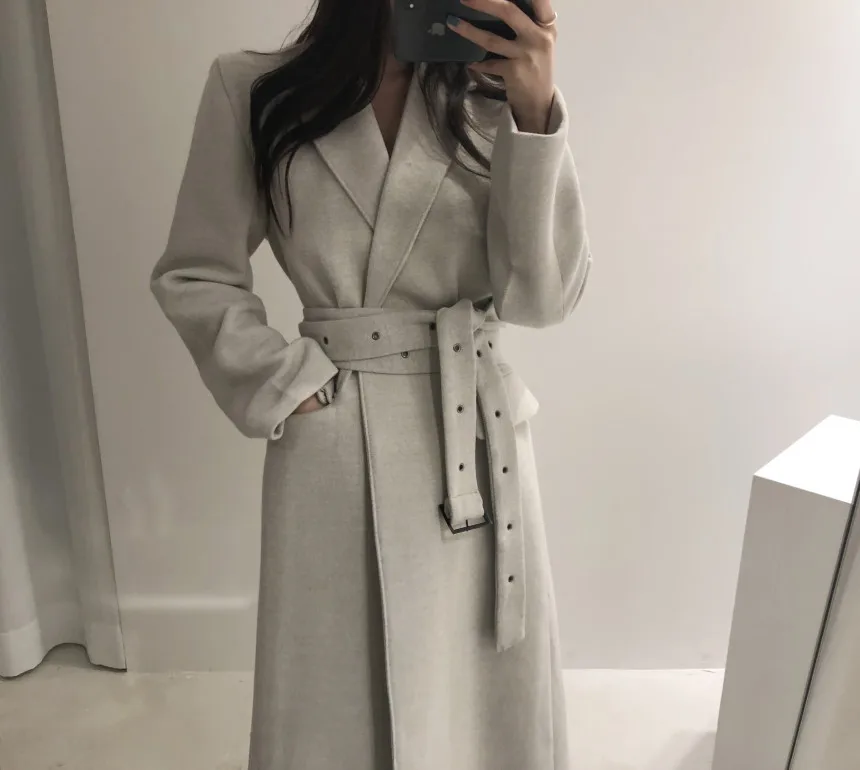 Hebaoli new fashion korean chic vintage style elegant lace up waistband slim long winter windbreaker woolen coat western women