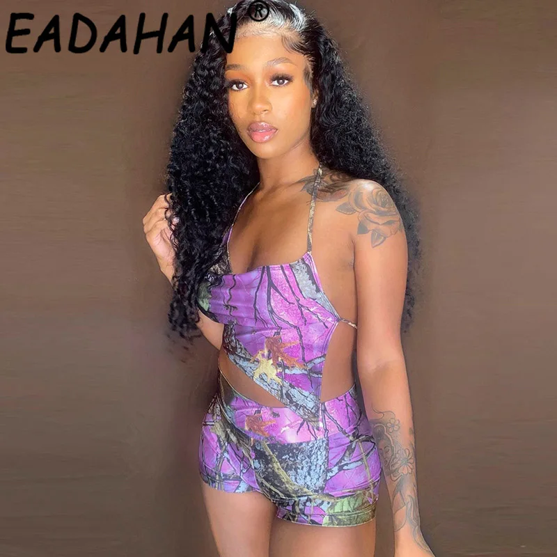 

Eadahan 2021 SUMMER SEASON Women's Fashion New Leaf Pattern Print Sexy Open Back Irregular Suspender Slim Shorts Suit