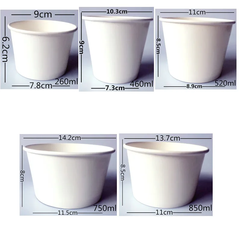 

50pcs Disposable White Bowl Round Salad Box Takeaway Package Party Wedding Favor Rice Soup Food Thick Paper Cups With Lid