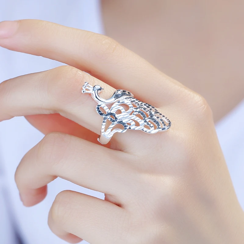 

999 Sterling Silver Ring Female Wide Ethnic Style Peacock Oversized Exaggerated Phoenix Index Finger Ring Retro with Opening Rin