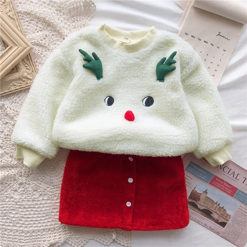 

Зимний красный Рождественский костюм с юбкой в сеточку, новинка 2021, стильный модный свитер для маленьких девочек на зарубежье, короткая юбк...