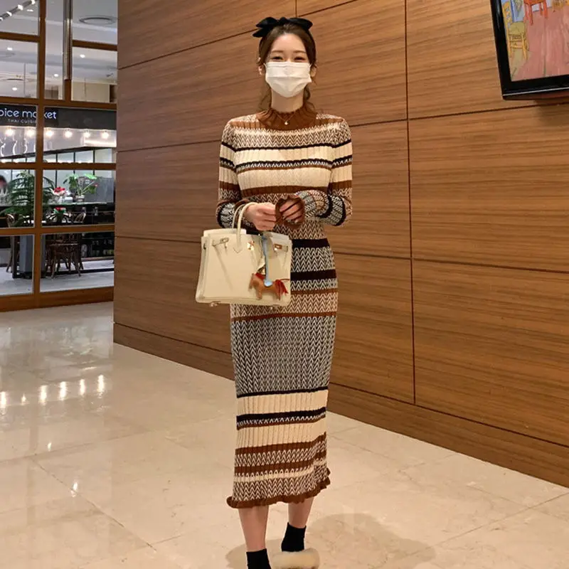 

New Elegant Korean Striped Long Dress Women OL Casual Warm Knitting Dresses Winter Office Mid-length Sweater Vestidoes Female