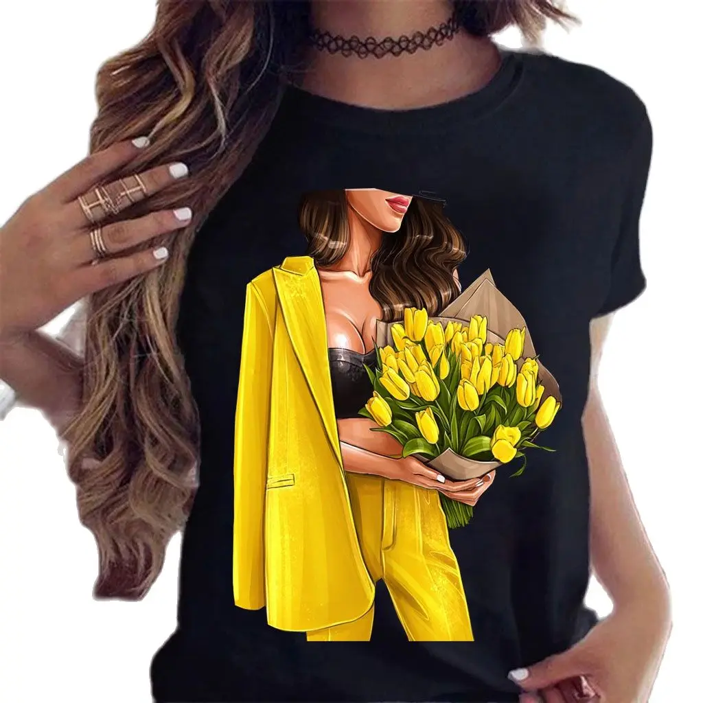 

Женская футболка с желтым цветочным принтом, повседневные черные топы для девочек 90-х, Y2K, футболка, женская футболка с графическим принтом в...