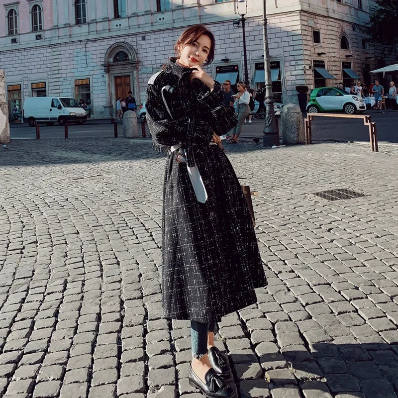 

Autumn and winter new loose and popular plaid French over-the-knee coats, small size woolen coats, women's mid-length, all-match