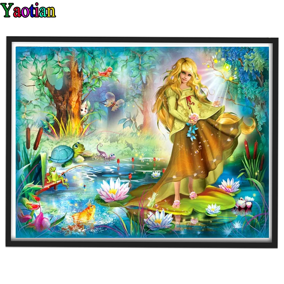 

Полноразмерная Алмазная 5D картина «сделай сам», мультяшная девушка, фэнтези, лес, лотос, пруд, пейзаж, алмазная вышивка, мозаика, Декор для до...