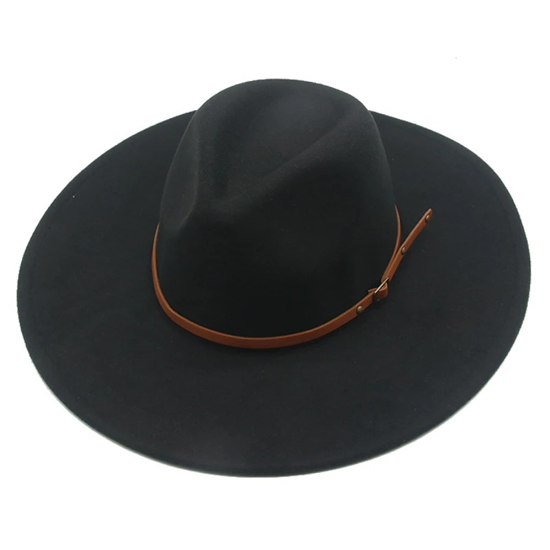 

women hats winter big brim 9.5cm solid band belt fedora hat khaki black outdoor cowboy jazz caps winter hats sombreros de mujer
