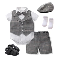 qaziqiland newborn boy clothing outfit suit baby party short suit birthday cloth infant boy kid plaid vest romper pants bow