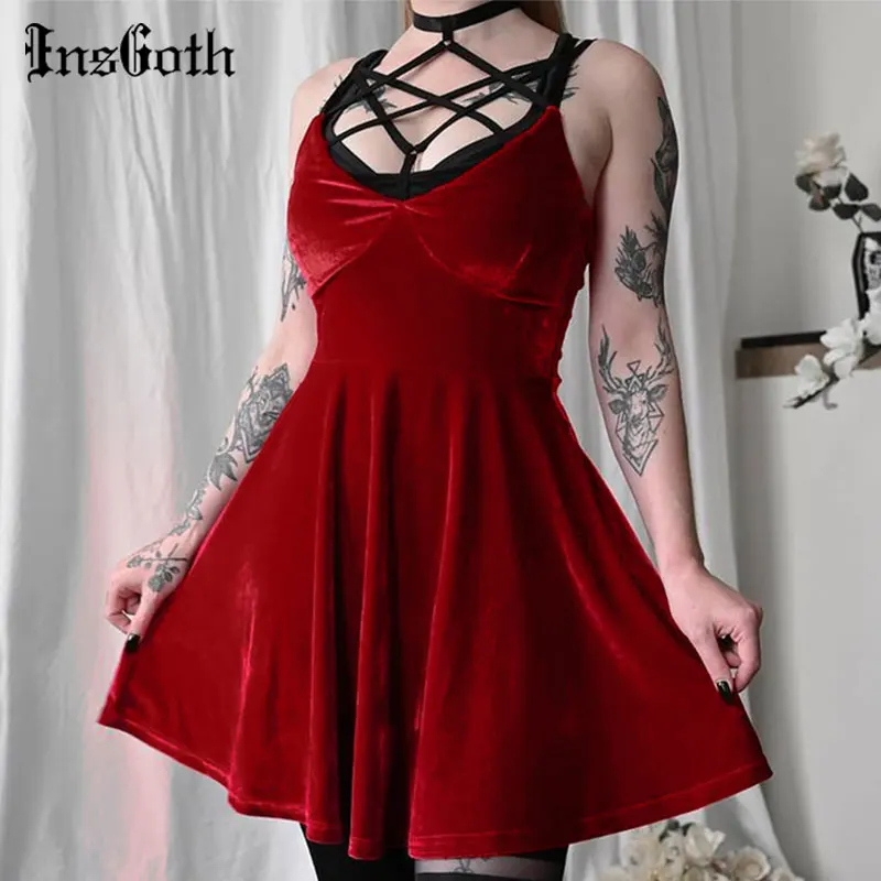 

InsGoth Goth Sexy Pentagram Hollow Out Red Dress Y2K Harajuku High Waist Velvet Mini Dresses Punk Ladies Partynight Club Dress