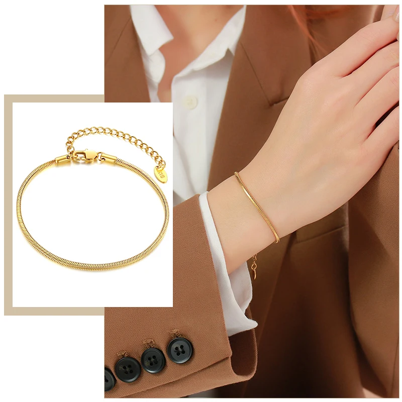 

Women Flat Snake Chain Bracelets,Anti Allergy Stainless Steel Rectangle Oval Herringbone Links, Lady Female Wristband Jewelry