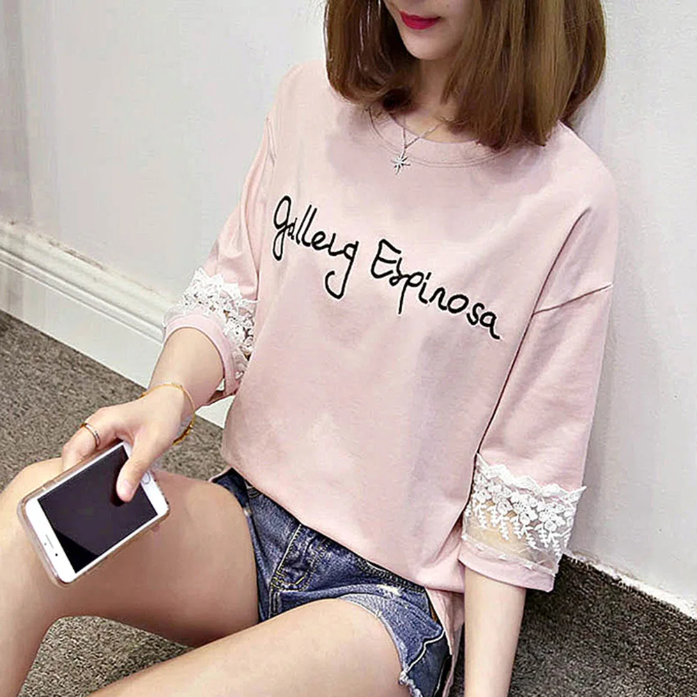 

T-Shirt Simple 2021 New Sleeve Round Neck Switching Lace Number Ladies Fashion Summer Casual Loose Letter Style T-shirt