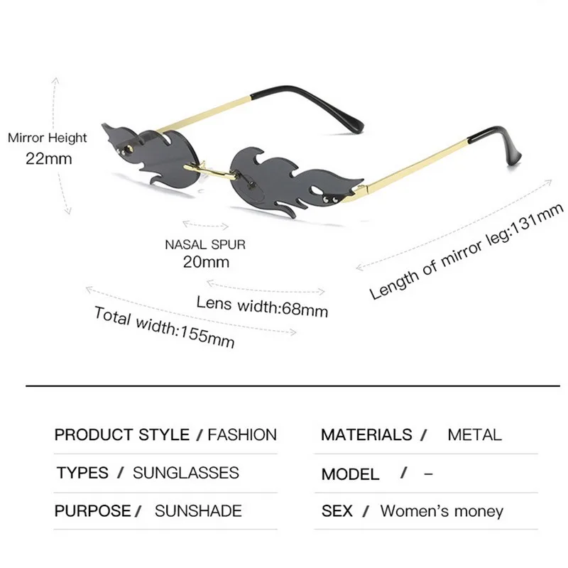

Women Rimless Wave Glasses Luxury Fashion Metal Shades Vintage Women Mirror Eyewear UV400 2020 Hot Fire Flame Sunglasses