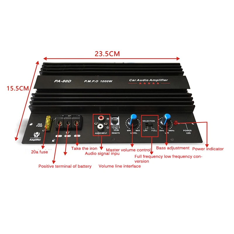 TiOODRE PA-80D 12V 1000W Speaker Subwoofer Bass Module Durable Lossless Amplifier Board High Power Car Audio Mono Channel |