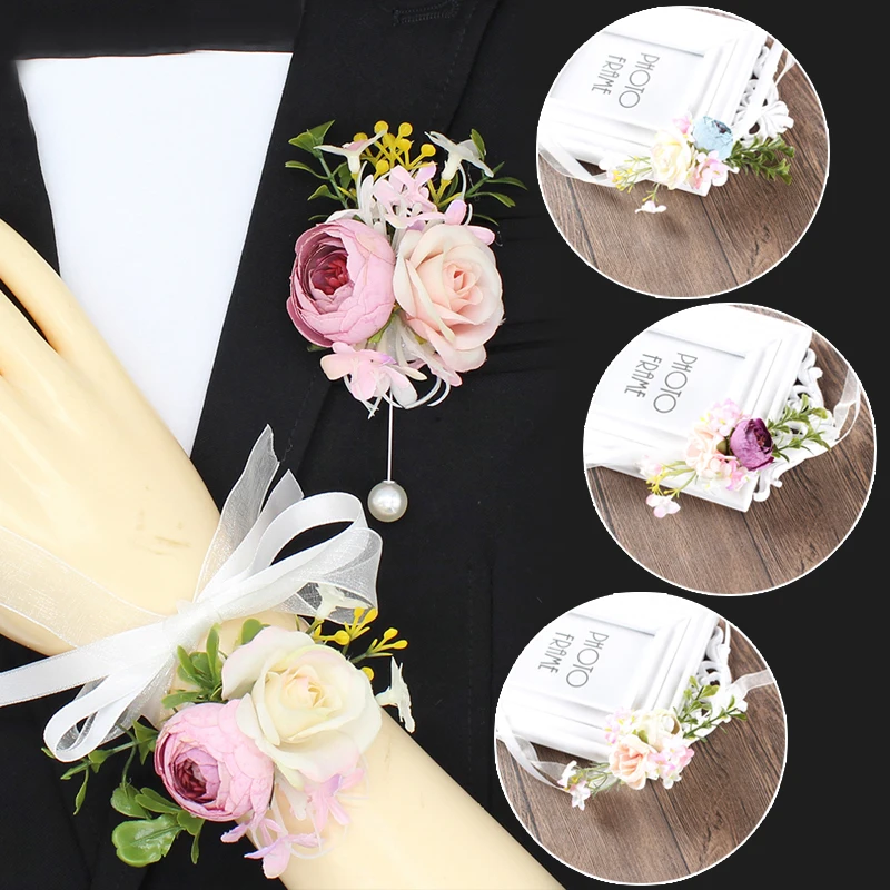 Корсаж-бутоньерка на запястье для невесты искусственная шелковая розовая рука