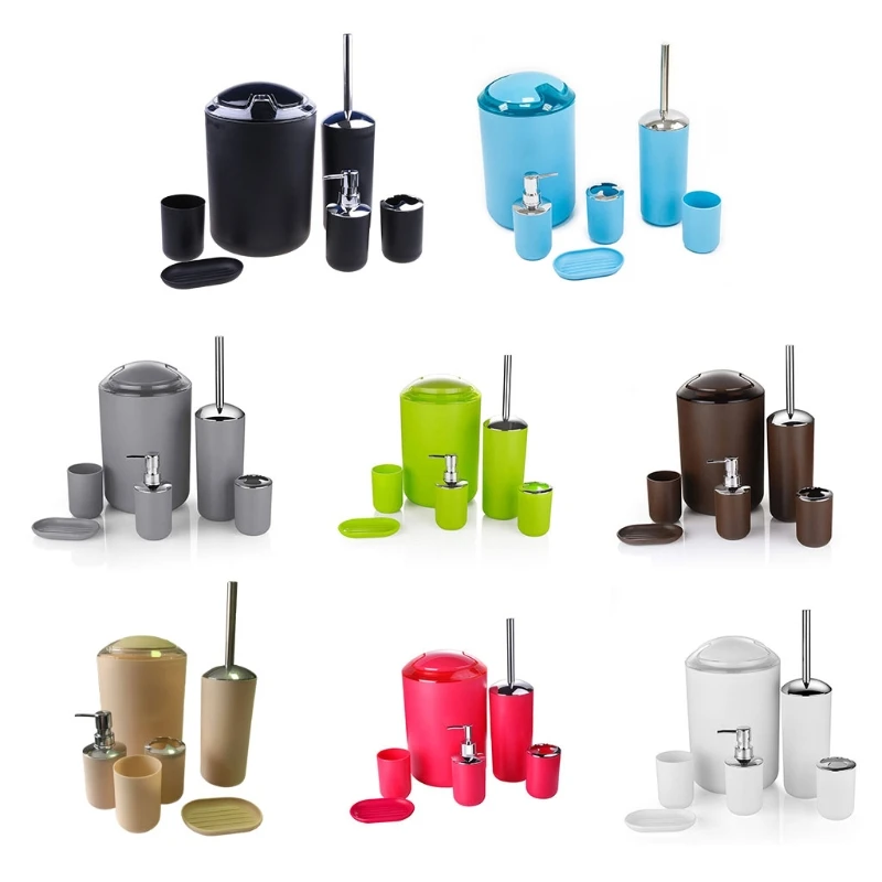 

6-piece bathroom accessory set with a variety of color options. plastic