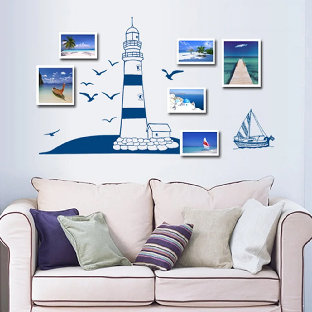 Navy Blue PVC Modern stylish Tower Sailboat Gull Pattern Removable Wall Sticker Decal Background Home Decor | Дом и сад