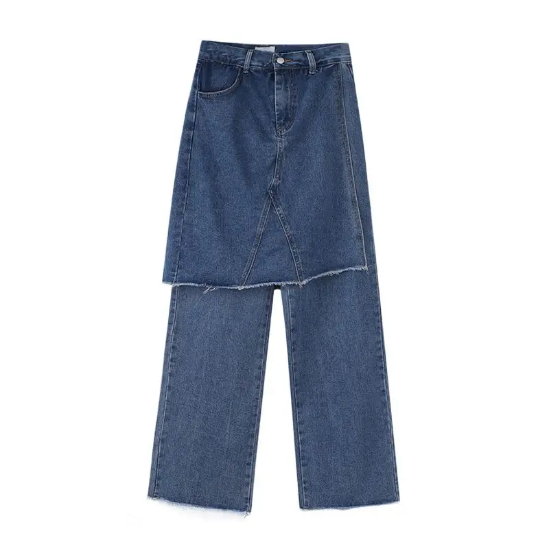 Kadın düz kot etek sahte iki adet Retro yüksek sokak boy gevşek rahat Denim pantolon Harajuku Hip Hop Jean pantolon