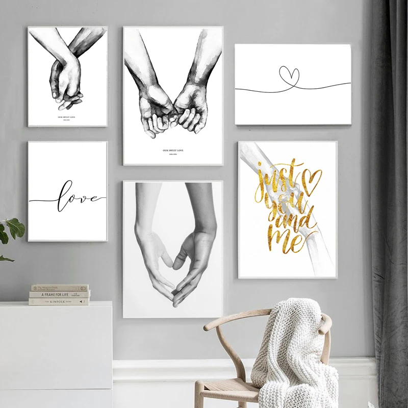 

Black and White Holding Hands Print Painting Sweet Love Quotes Canvas Poster Wall Art Home Decor Nordic Picture for Living Room