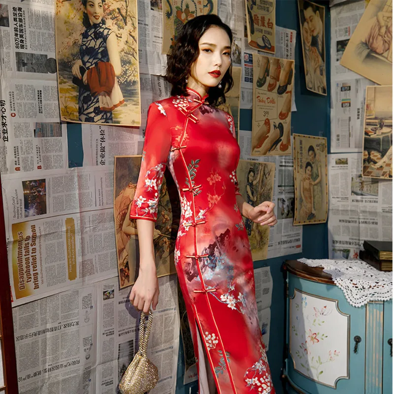 SHENG COCO осенние улучшенные шелковые Cheongsam китайские платья 4XL длинное вечернее Ципао женское тонкое шелковое китайский, Восточный стиль платье