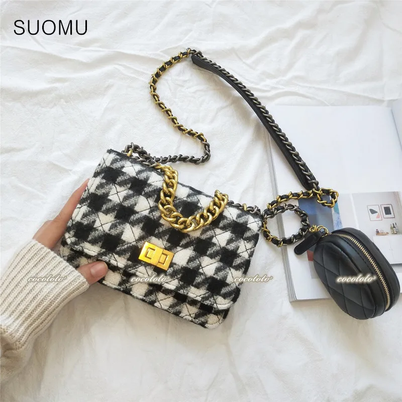 Женский твидовый комплект с золотистыми цепочками модная клетчатая сумка